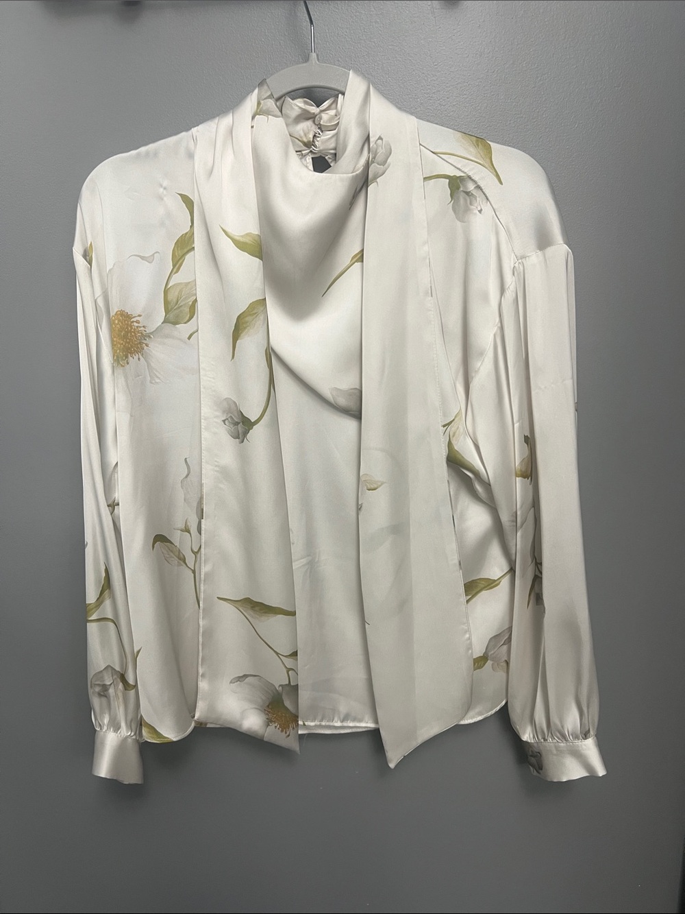 Zara White Floral Satin Blouse with Neck Scarf